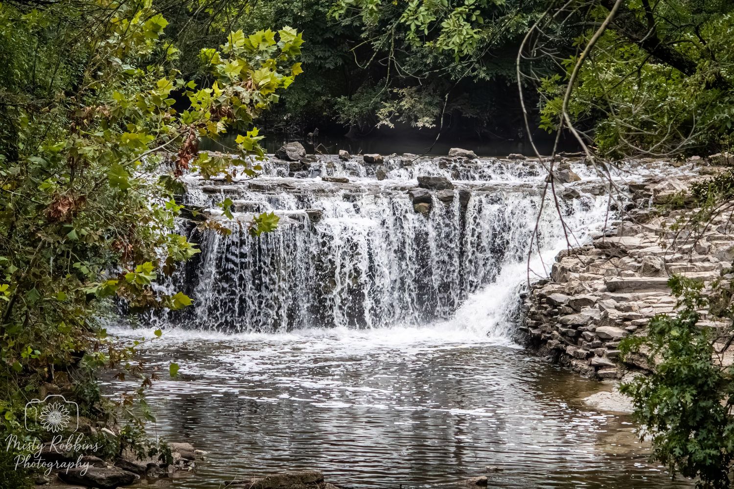 A scenic waterfall cascades over rocky ledges into a calm pool surrounded by lush green trees in a natural woodland setting.