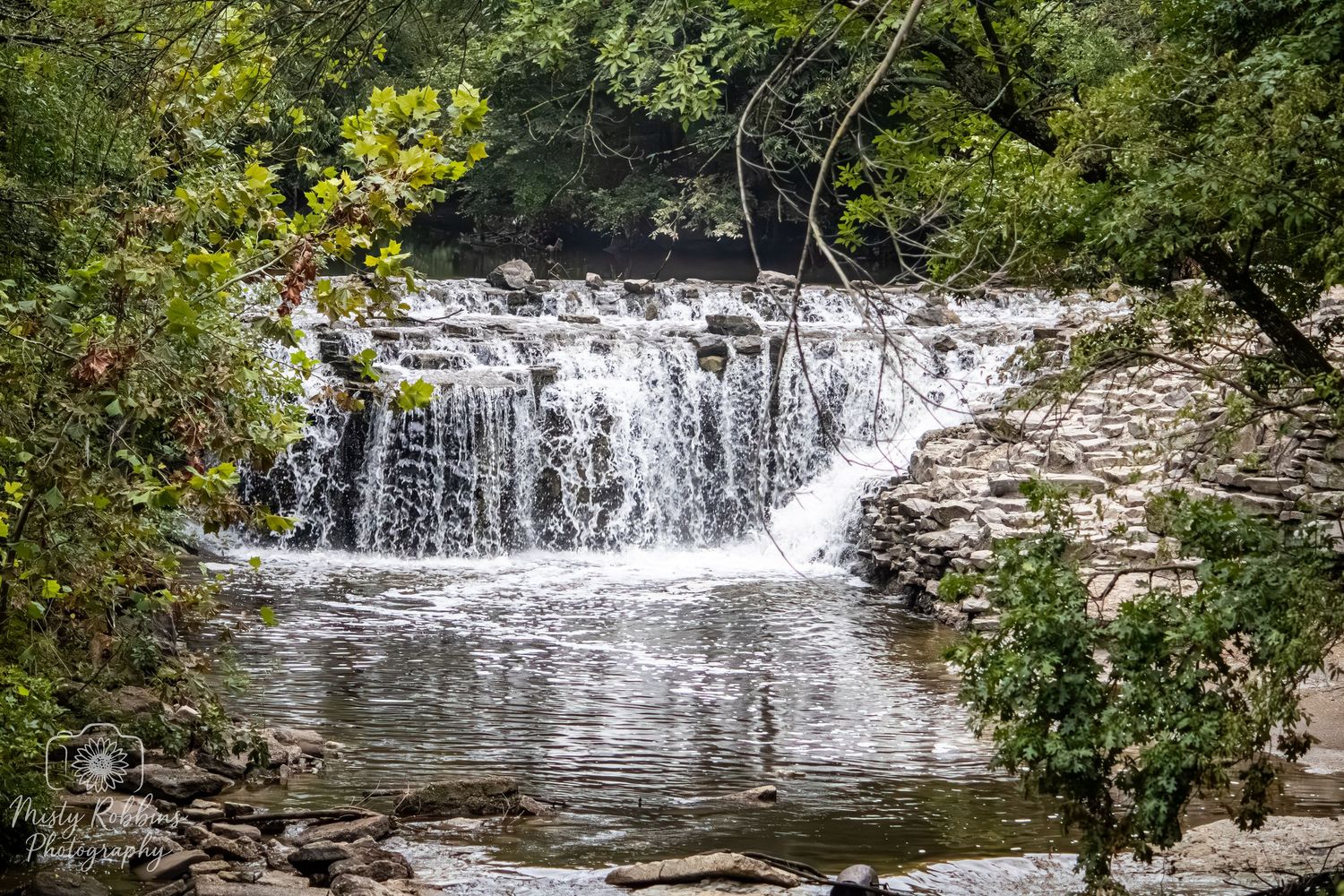 A cascading waterfall flows over rocky ledges surrounded by lush green foliage in a peaceful forest setting.