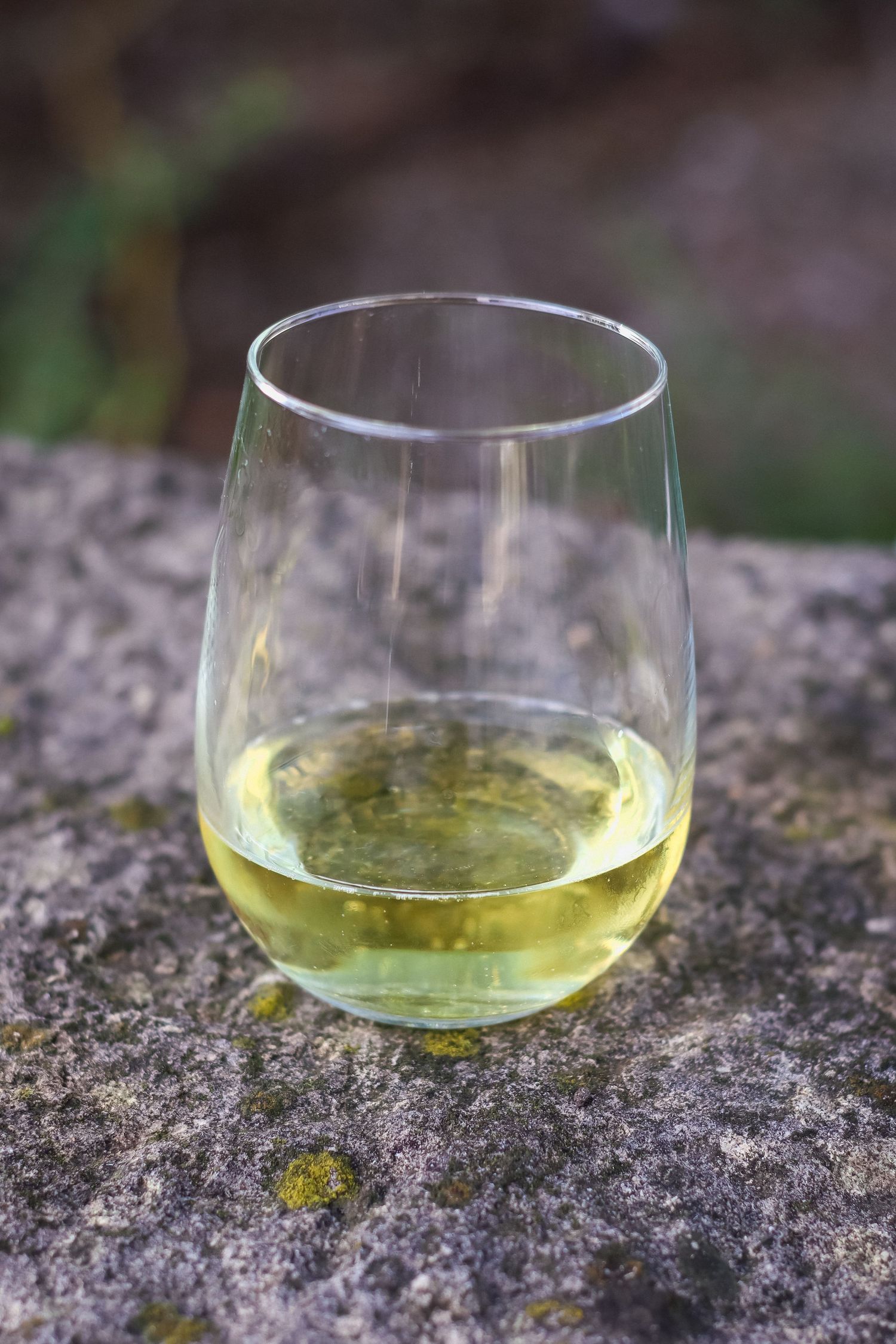 A glass of white wine sits on a stone surface in an outdoor setting.