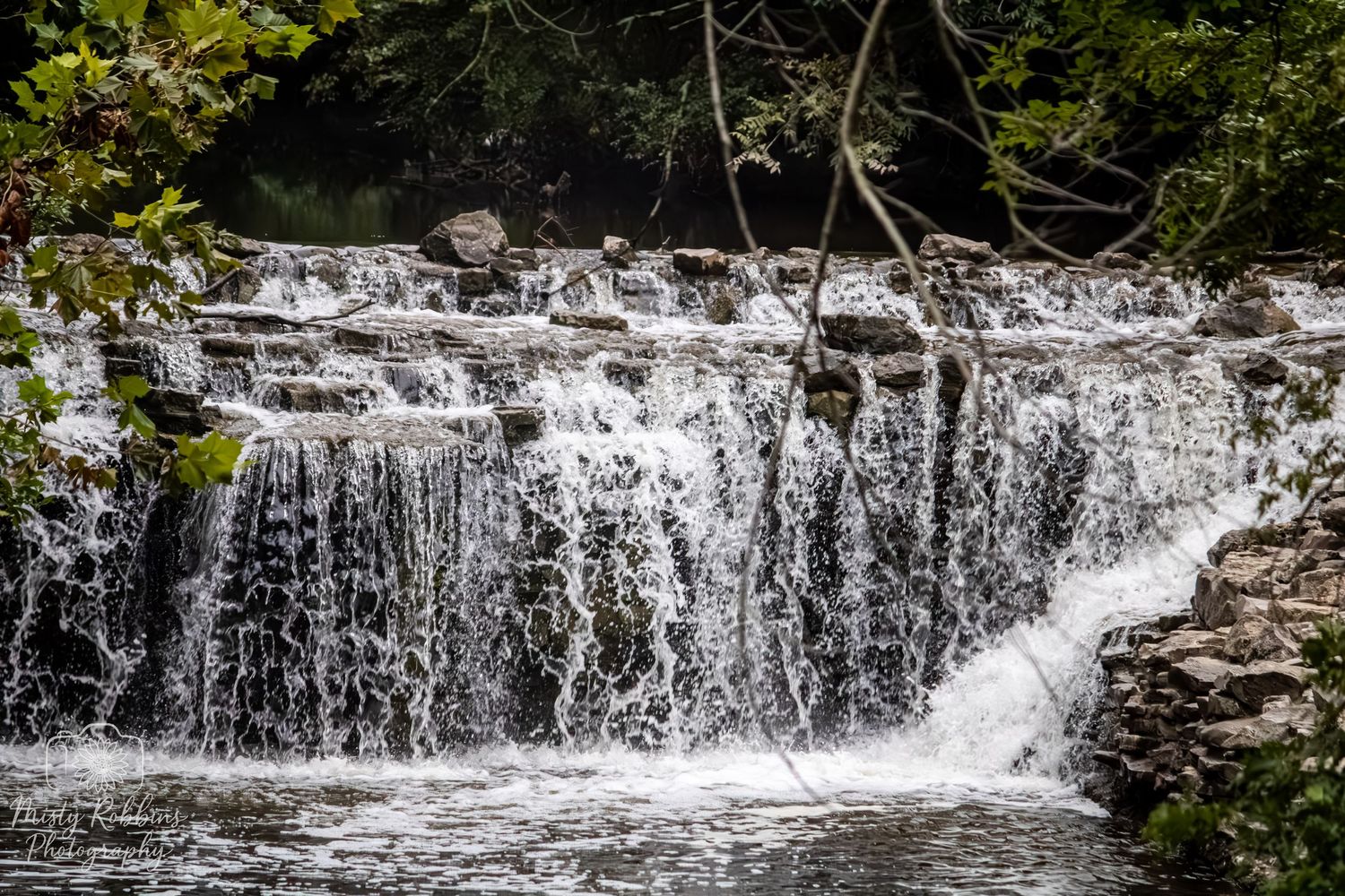 A scenic series of cascading waterfalls flowing over rocky ledges in a forest setting during daytime.