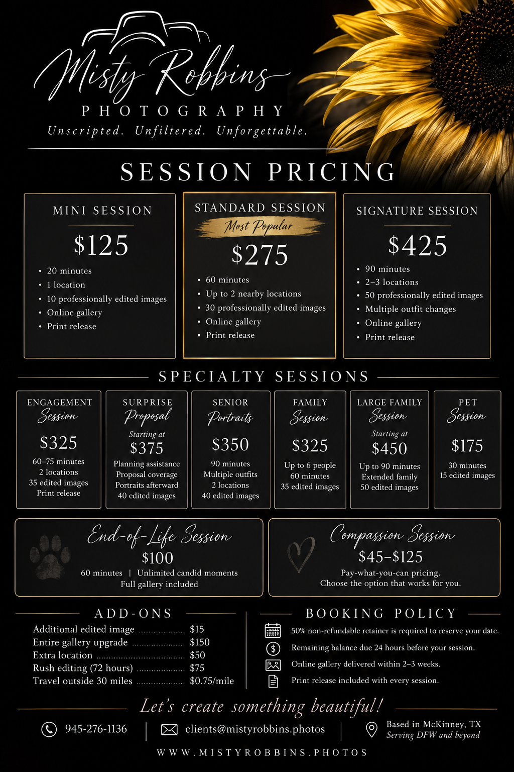 Misty Robbins Photography session pricing guide featuring mini, standard, and signature packages with sunflower backdrop design.