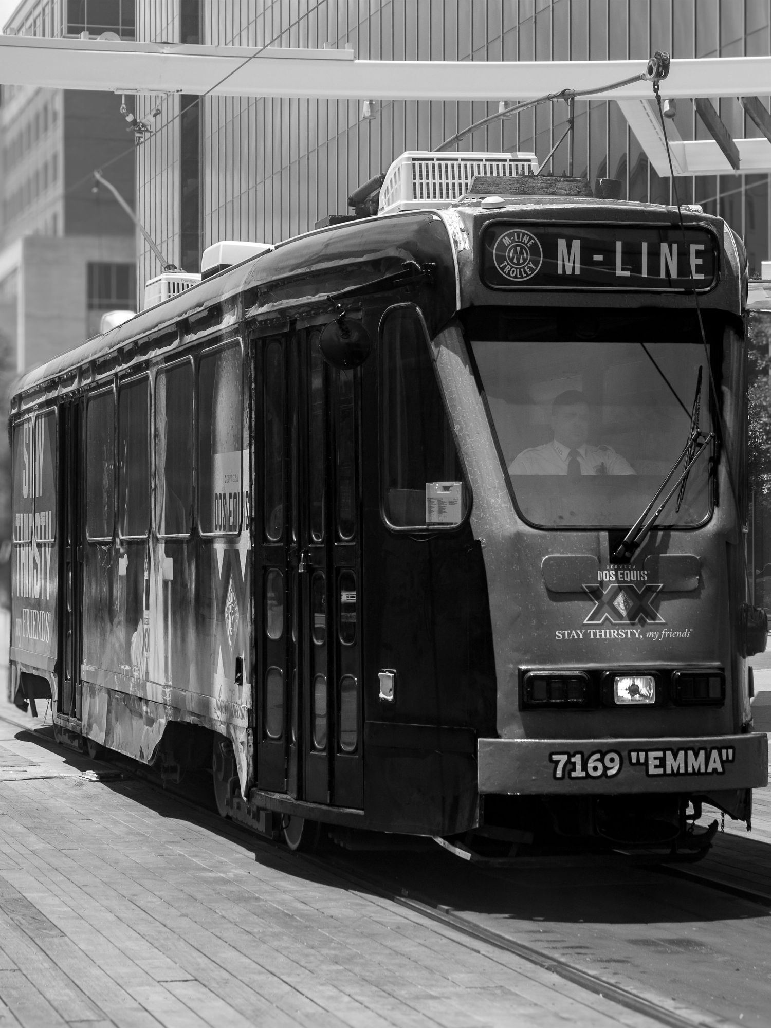Black and white photo of M-Line tram number 7169 named Emma stopped at a urban street station in Dallas.