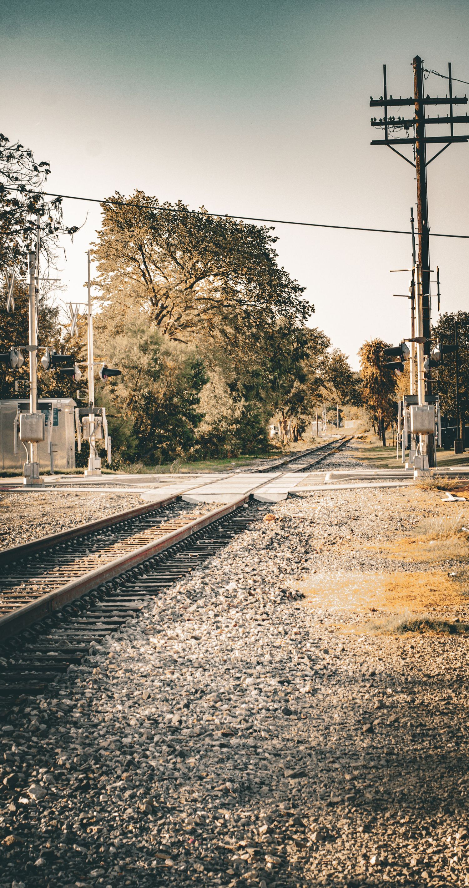 Railroad tracks and utility poles stretch into the distance along a gravel path on an autumn day.