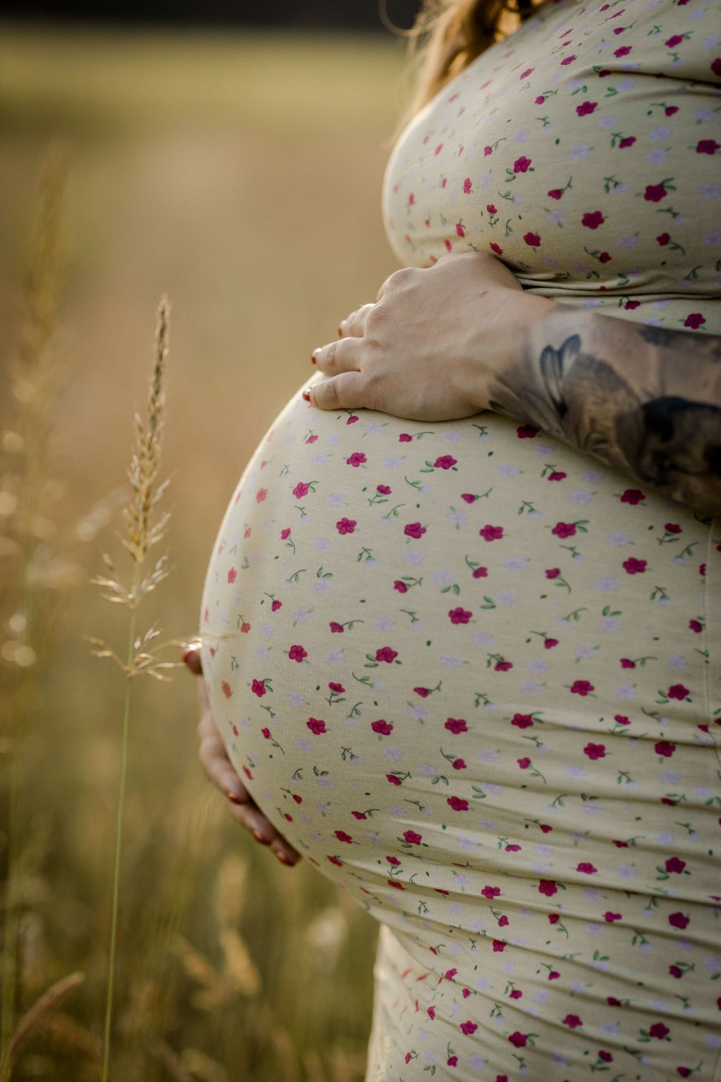 Close-up of a pregnant belly in a white and red polka dot dress against natural grass.