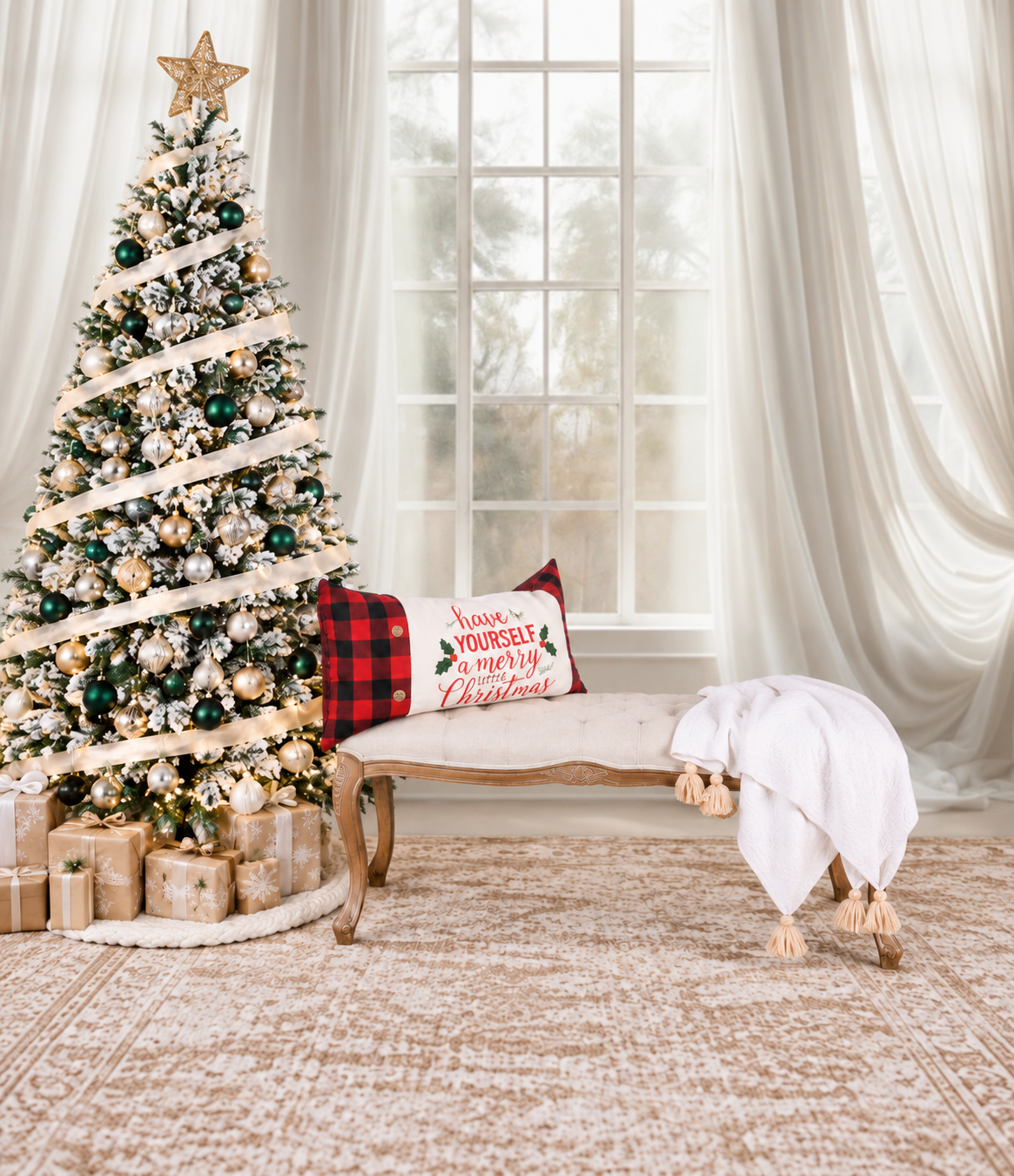 Elegant Christmas tree with gold ornaments beside a wooden bench with a buffalo plaid pillow and white throw near a bright window.