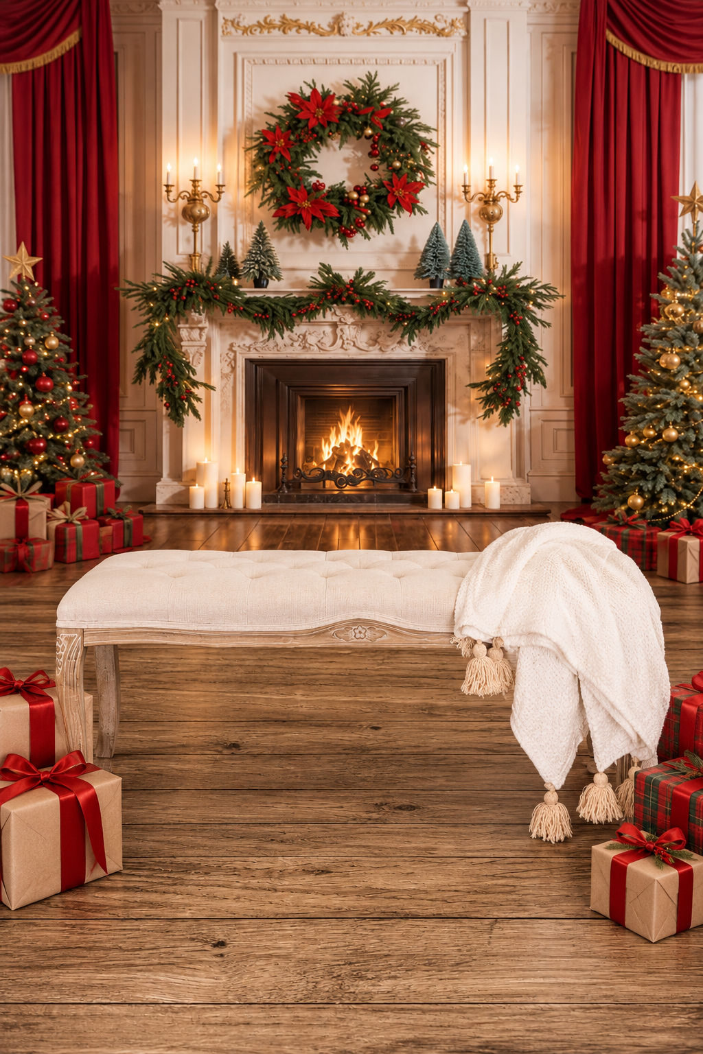 Elegant Christmas fireplace with wreath, garland, candles, gifts, and trees in a cozy festive living room.