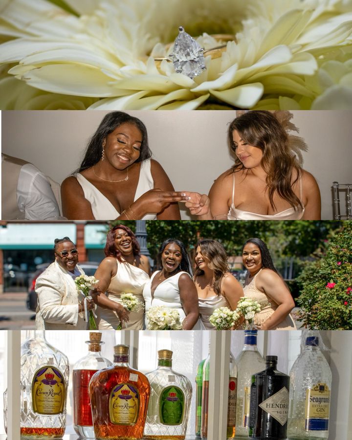A wedding collage featuring a diamond ring on a flower, two women sharing a joyful moment, bridesmaids with bouquets, and liquor bottles.