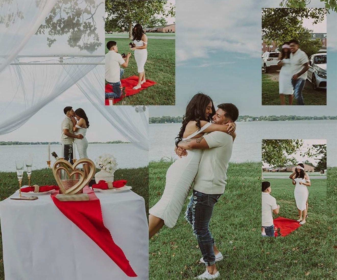 Romantic outdoor proposal setup with couple embracing near decorated table with red runner and heart decor by waterfront.