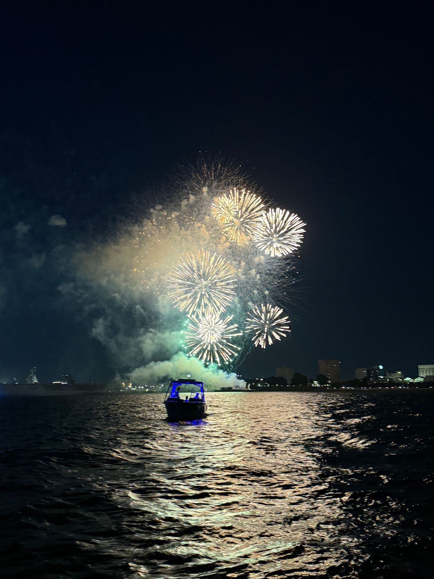 A boat silhouetted on dark water watches a spectacular fireworks display lighting up the night sky over a city skyline.