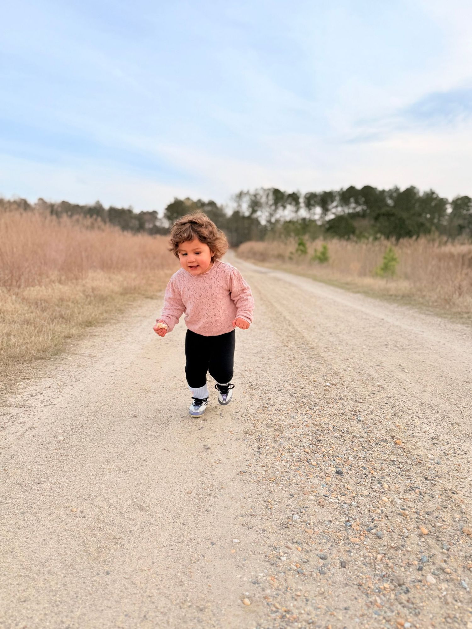 A cheerful curly-haired toddler in a pink sweater runs down a gravel path surrounded by autumn fields.