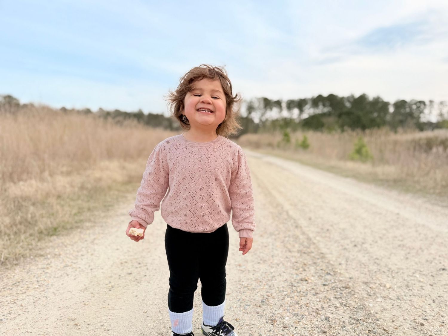A happy toddler in a pink sweater and black pants smiles while walking down a sunny gravel country road.