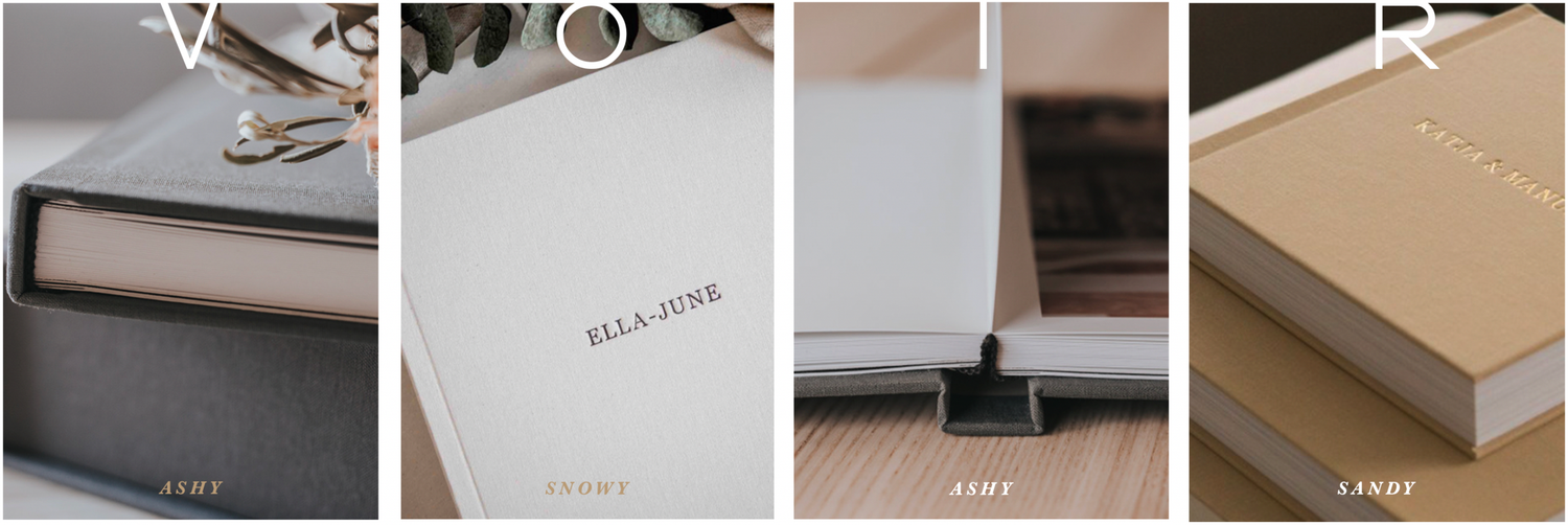 Four elegant wedding album cover options displayed in neutral tones labeled Voir photography.