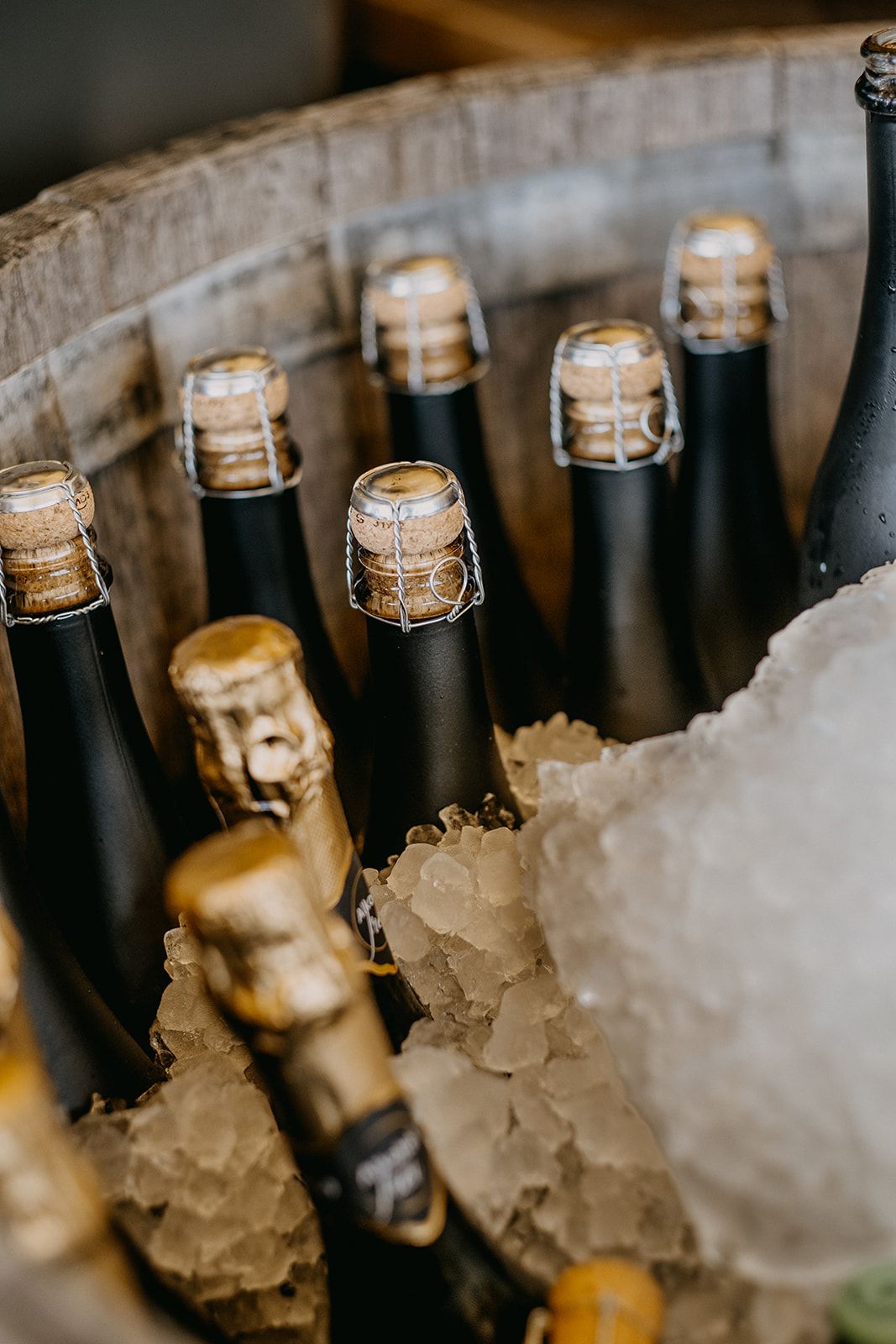 Champagne bottles chilling on ice in a rustic wooden barrel for a wedding celebration.
