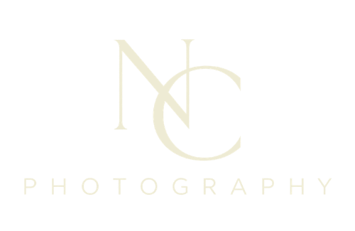 Elegant NC Photography logo in cream lettering on a white background.