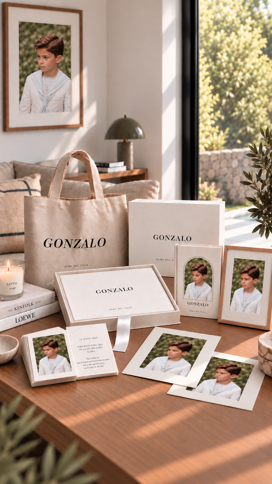 Elegant Gonzalo communion keepsake set with personalized tote bag, photo cards, and framed portrait displayed on a wooden table.