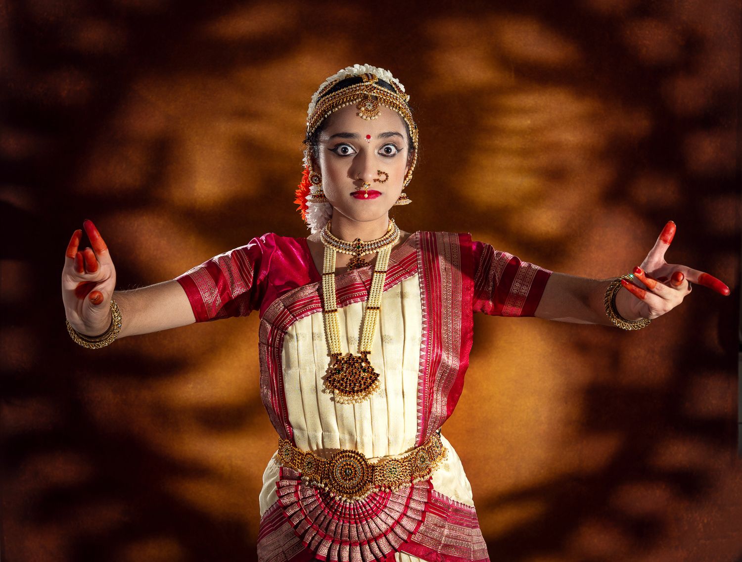 Female performer in traditional attire and jewelry striking a classical dance pose against warm, textured lighting.