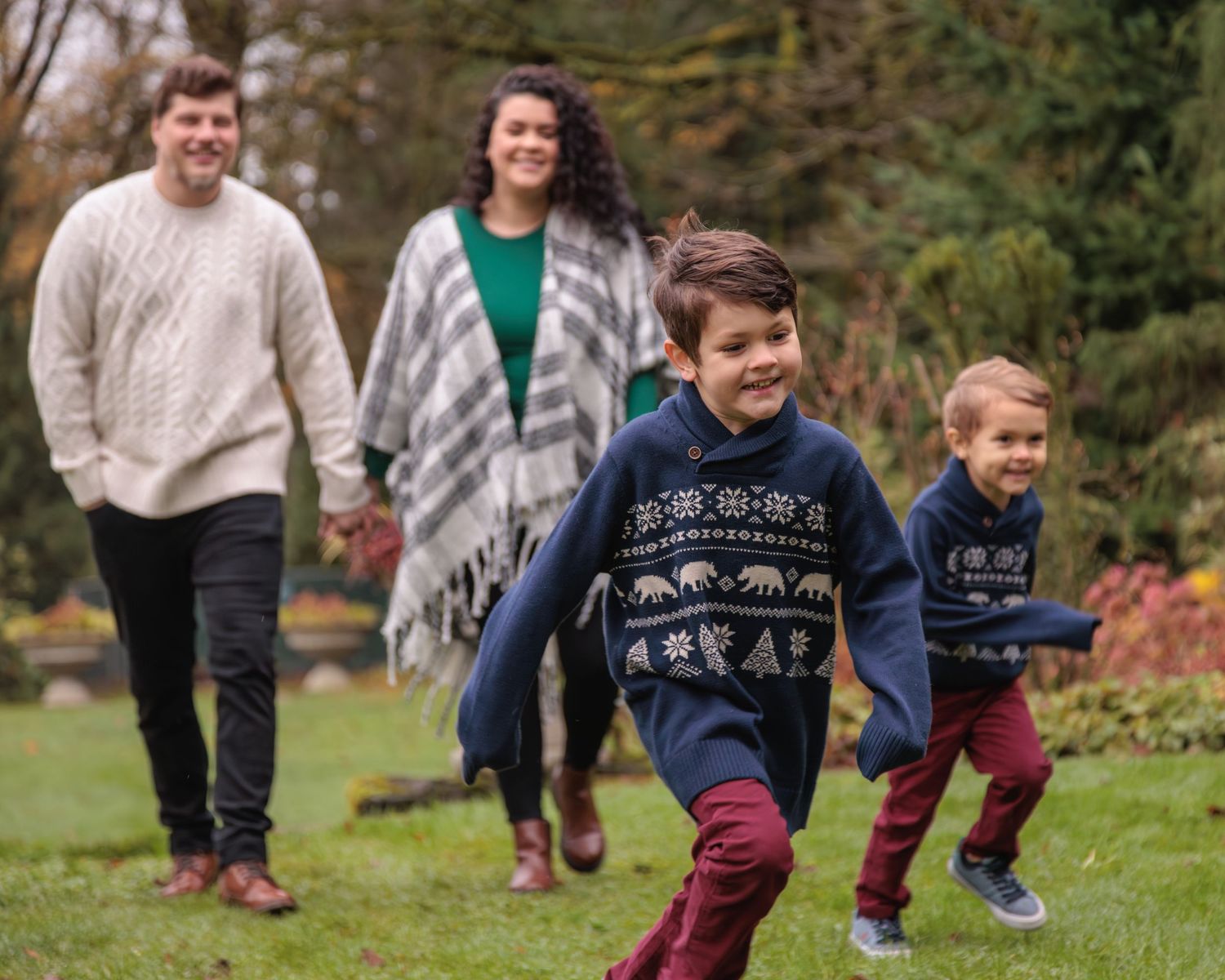 Kids running in front of parents.