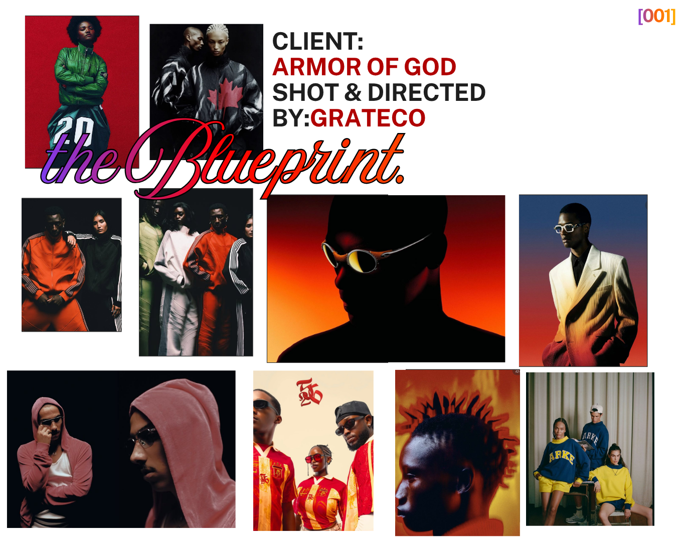 Fashion editorial moodboard for Armor of God brand, shot and directed by Grateco, featuring diverse models in streetwear.