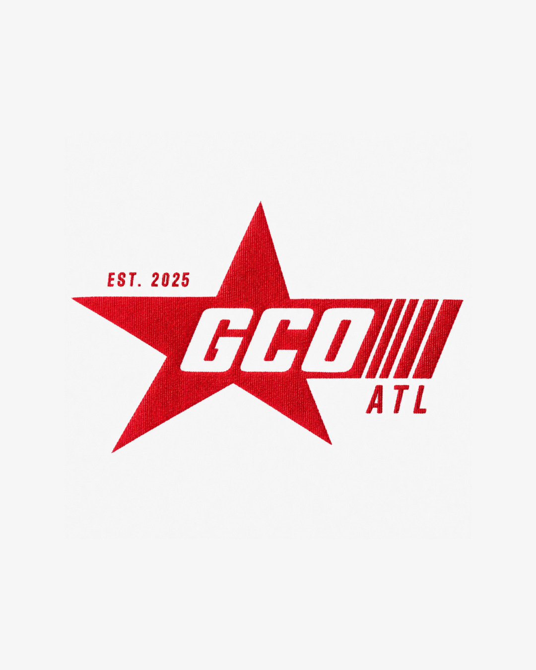 Red star logo with GCO ATL text and EST. 2025, bold athletic branding design on white background.