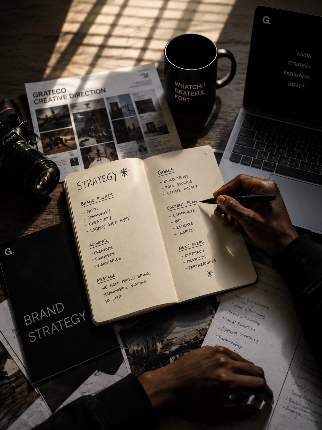 Person writing in a strategy notebook surrounded by brand planning documents, a coffee mug, and laptop on a desk.