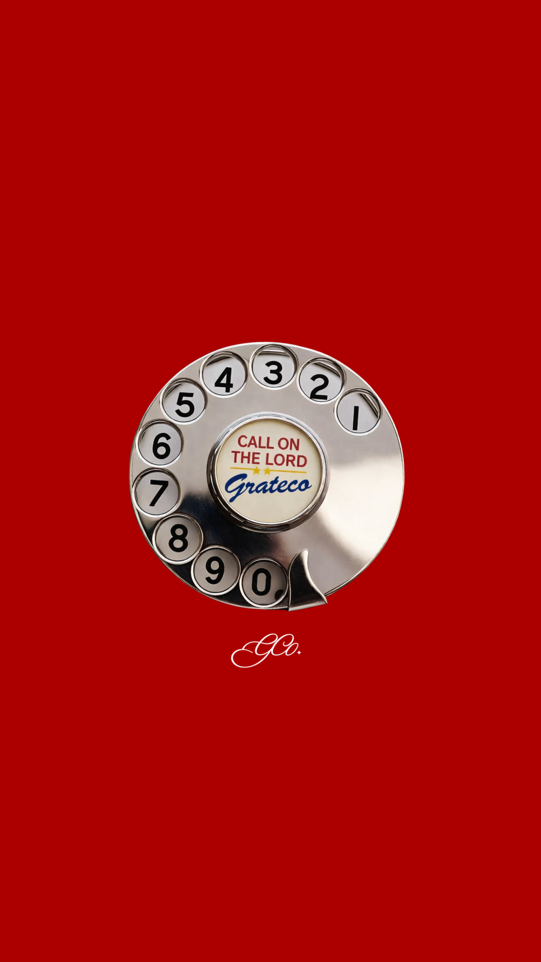 Vintage rotary phone dial on red background with 'Call on the Lord Grateco' text and cursive logo.
