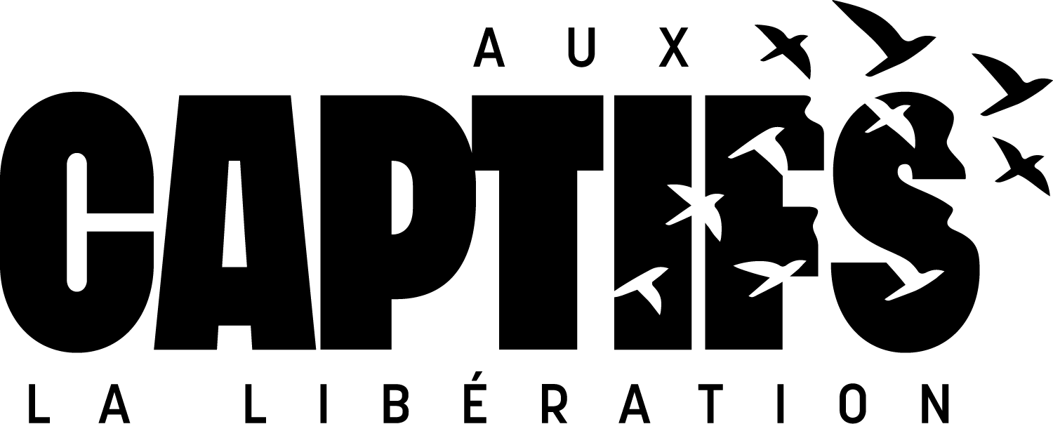 Black text logo design with bird silhouettes reading 'Aux Captifs La Liberation'.