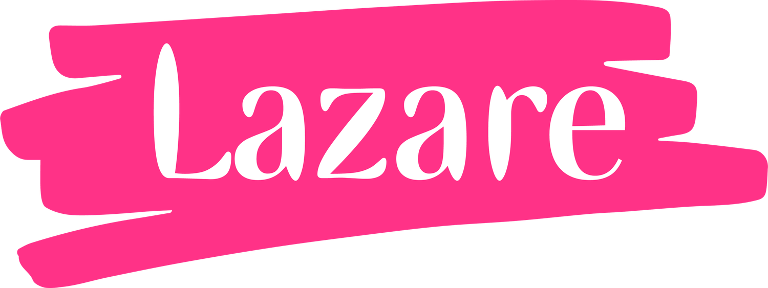 Hot pink decorative text banner design spelling 'Lazare' in stylized lettering.