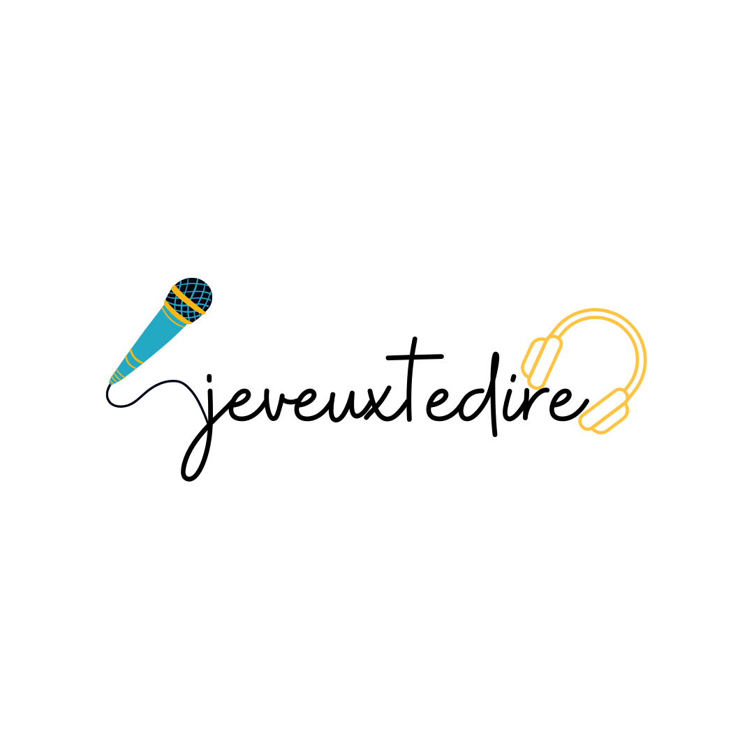 Minimalist logo design featuring 'jeveuxredire' text in cursive handwriting style with decorative elements.