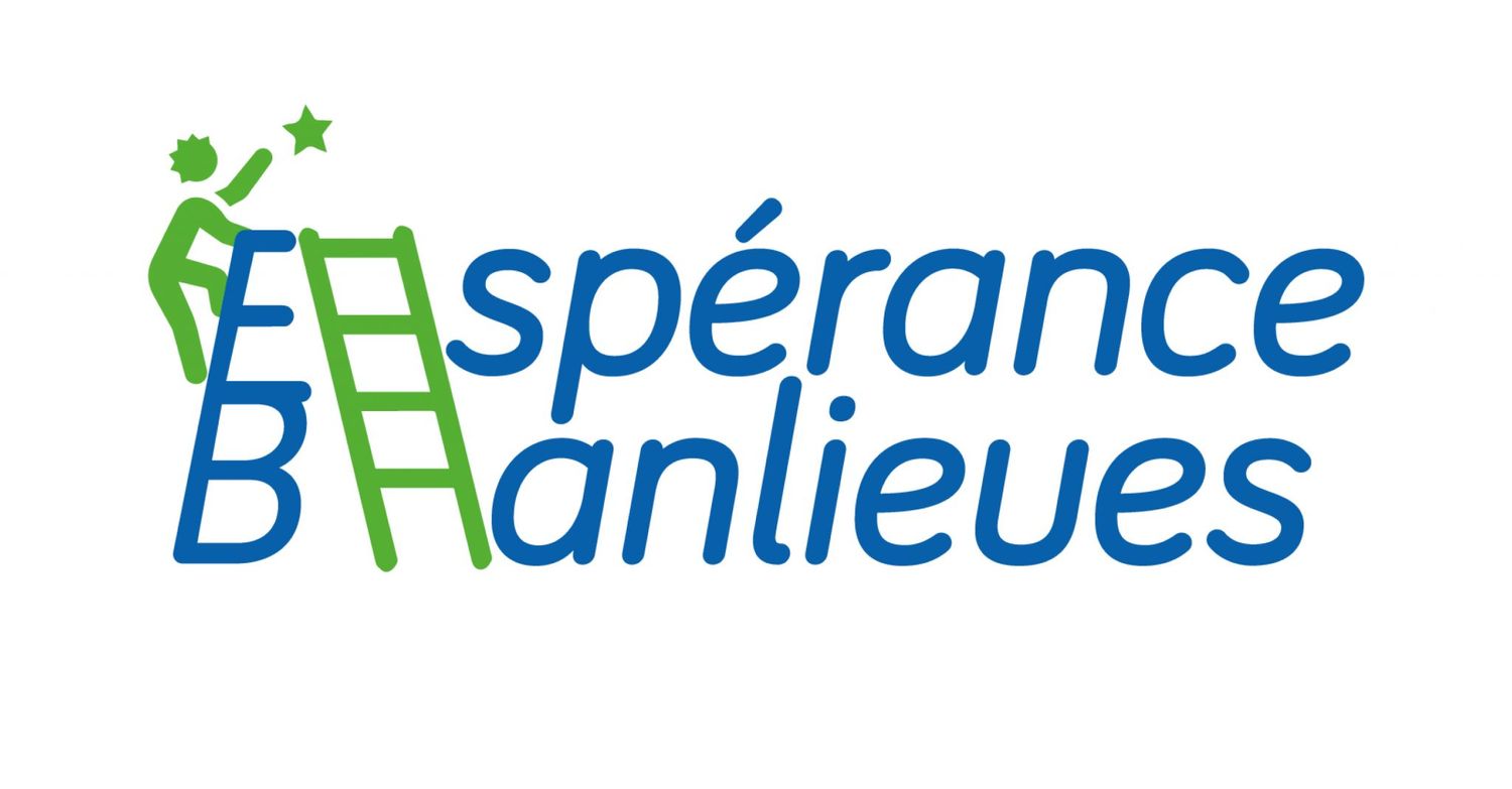 Text logo design combining 'Esperance' and 'Banlieues' with ladder icon in green and blue.