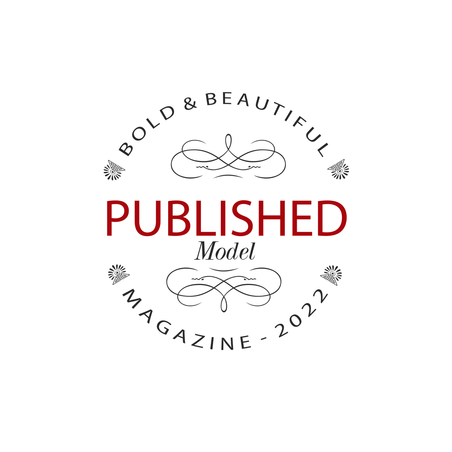 Bold & Beautiful Magazine 2023 published badge with ornate design elements in dark theme.
