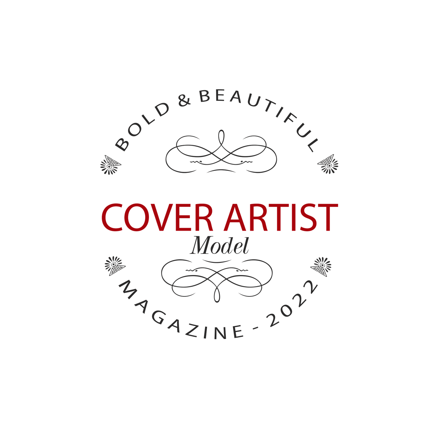 Cover Artist badge for Bold & Beautiful Magazine 2023 with decorative elements on black background.