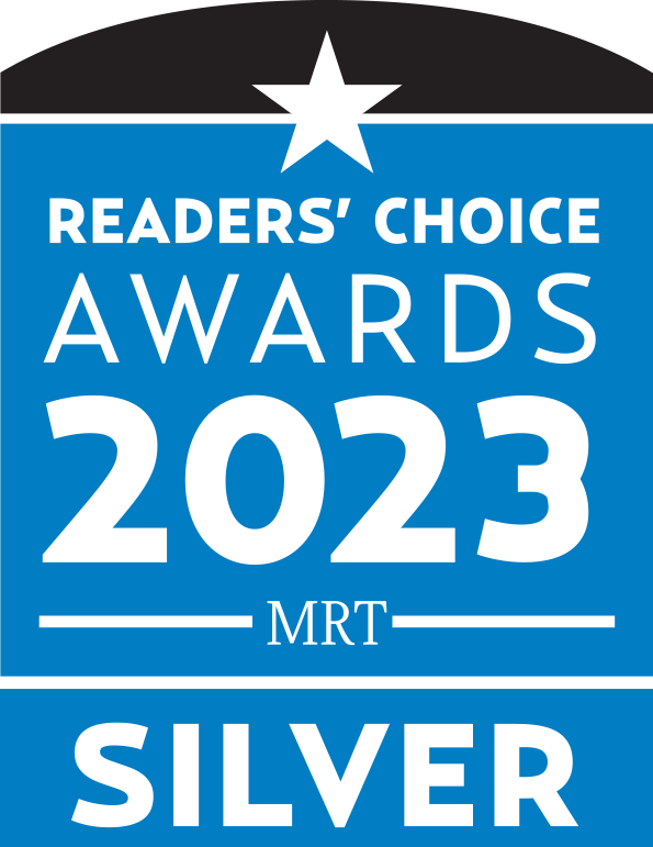 2023 MRT Readers' Choice Awards silver medal badge with white star on blue background.