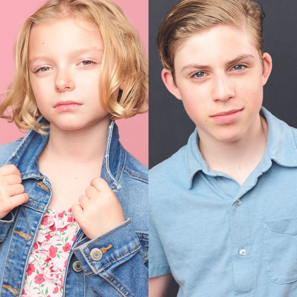 A series of headshots against pink and dark backgrounds showing different poses in casual denim and floral attire.