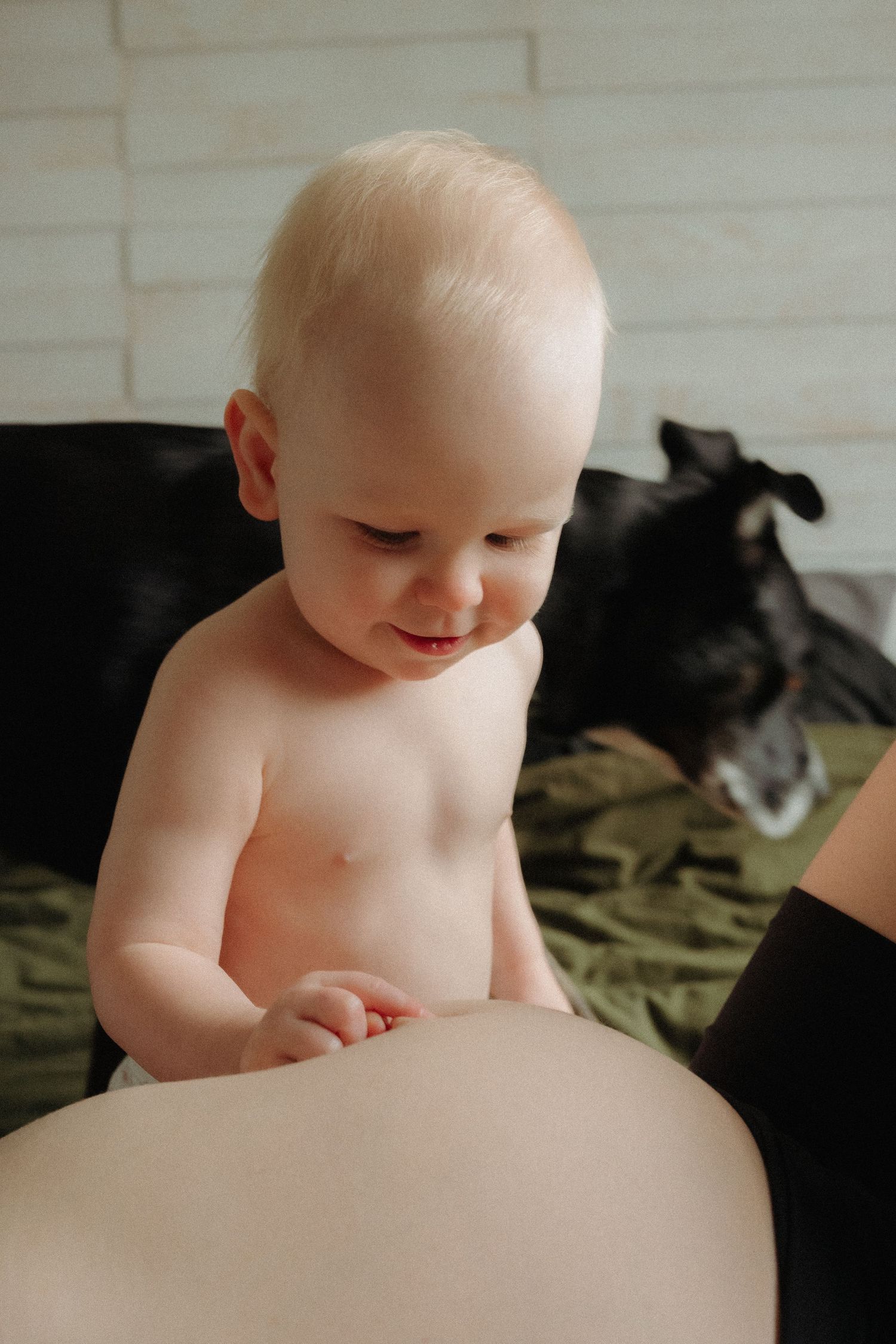 Smiling baby sits shirtless on couch while a black and white dog rests in background.
