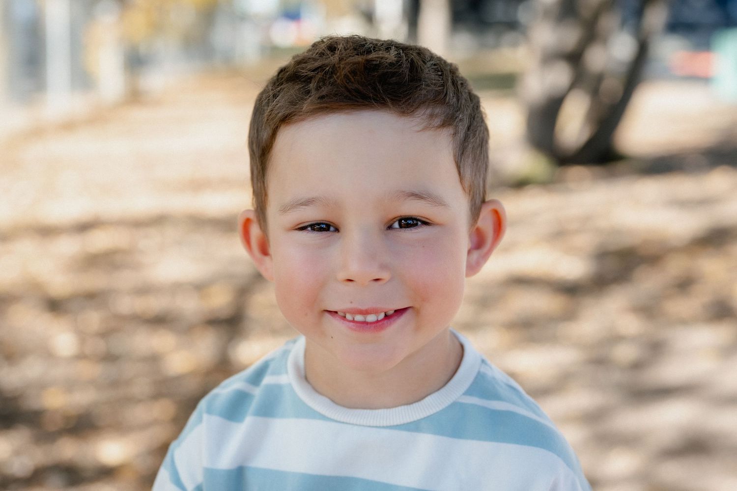 Smiling young boy with short brown hair wearing a striped shirt outdoors in a sunny park setting.