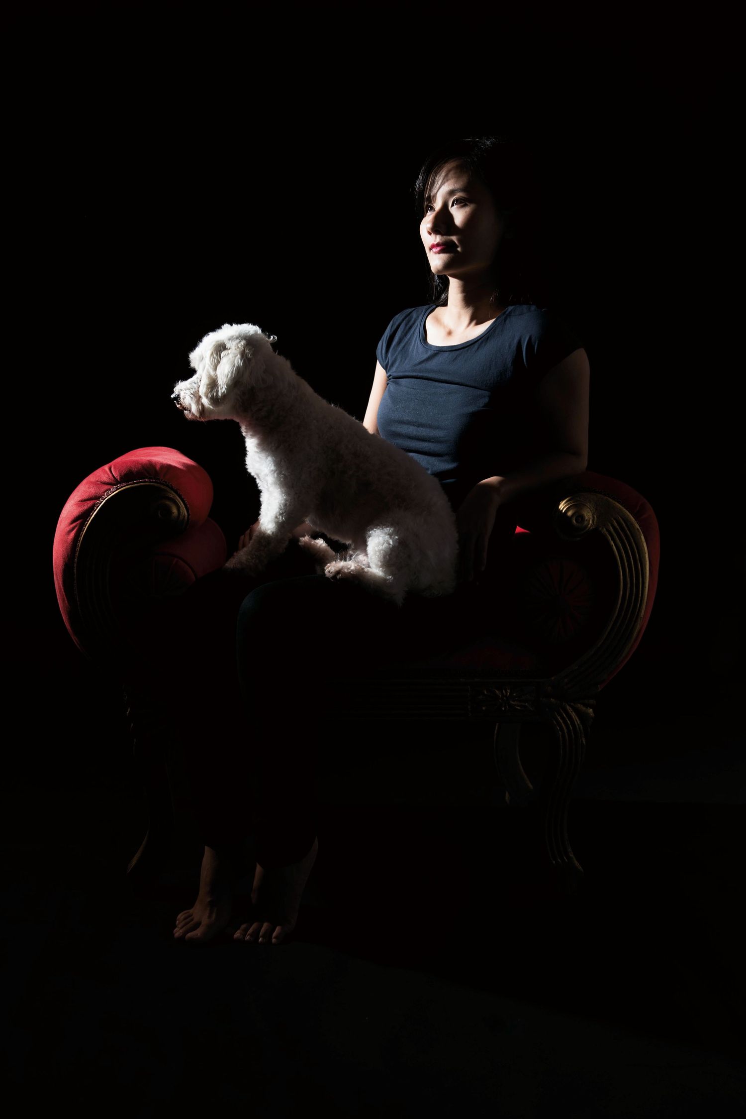 Woman in blue top sits with white poodle on red chair against dark background in dramatic studio lighting.