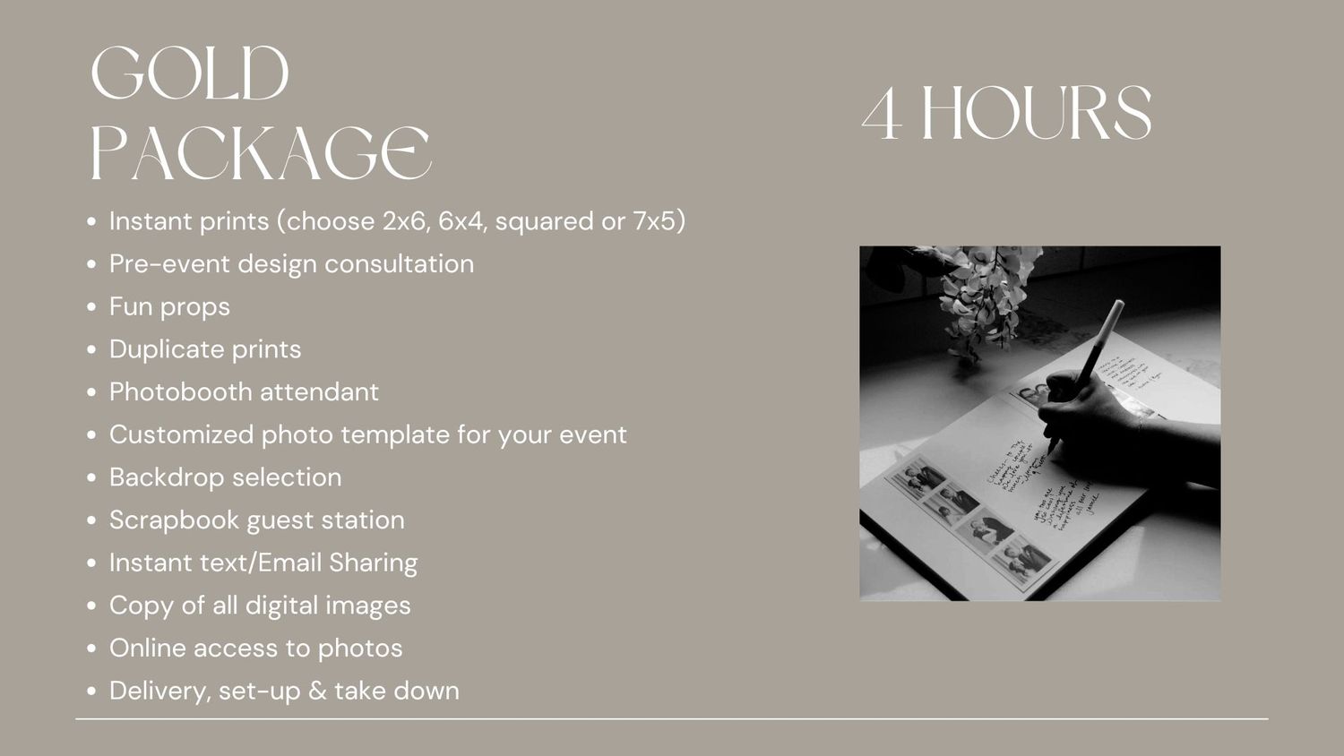 Gold Package 4-hour photobooth service flyer featuring instant prints, scrapbook station, and digital sharing options.
