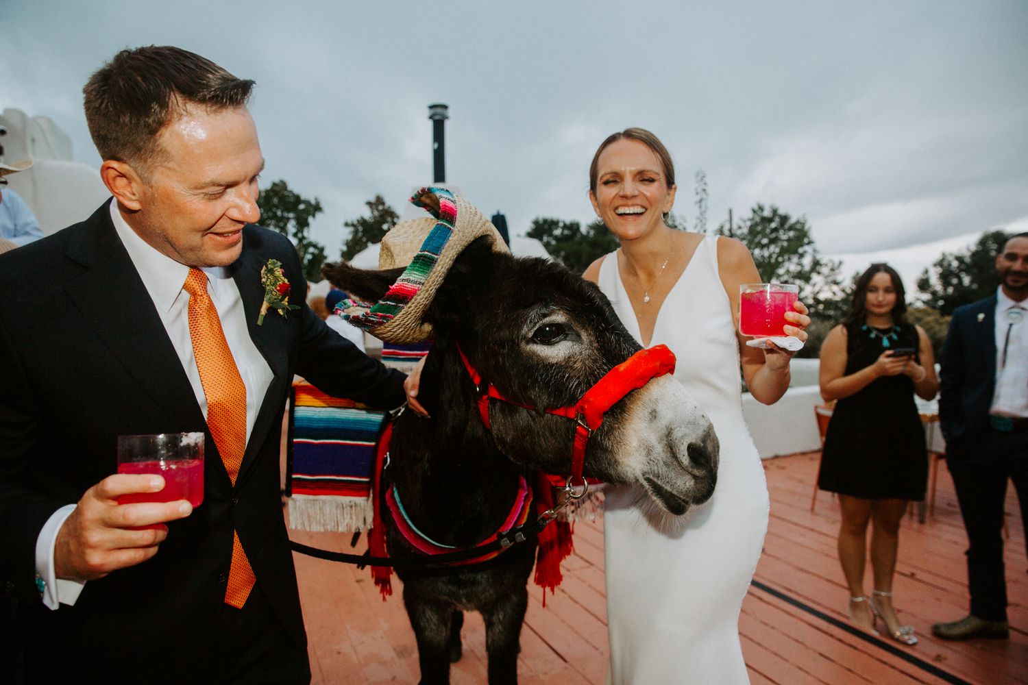 Wedding party members share joyful moments with a friendly black dog at an outdoor celebration.
