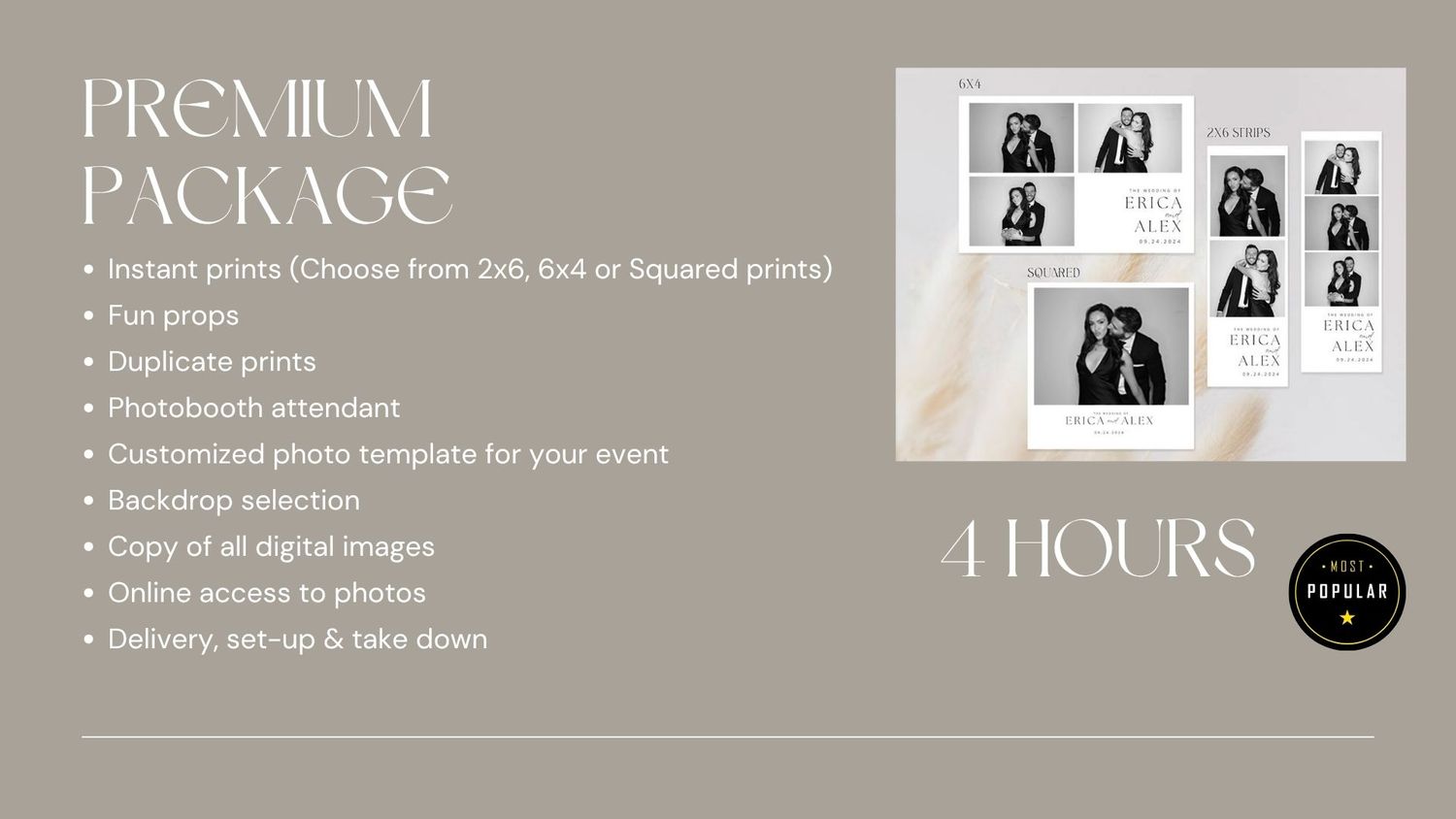 Premium photo booth package flyer showing 4-hour service with instant prints, fun props, attendant, and digital images included.