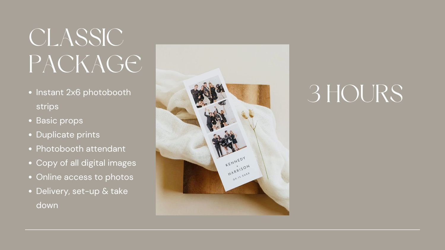 Classic 3-hour photo booth package promotional image featuring 2x6 strips, duplicate prints, and digital access.