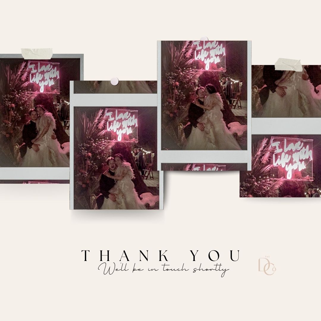 A wedding photo collage banner with pink neon lighting effects and 'Thank You' text in elegant typography.
