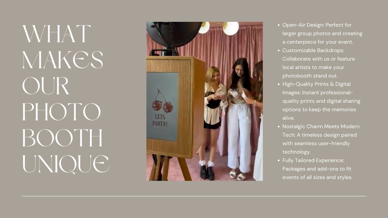 A modern photo booth website layout showcasing various text sections and image panels in a clean, minimalist design.