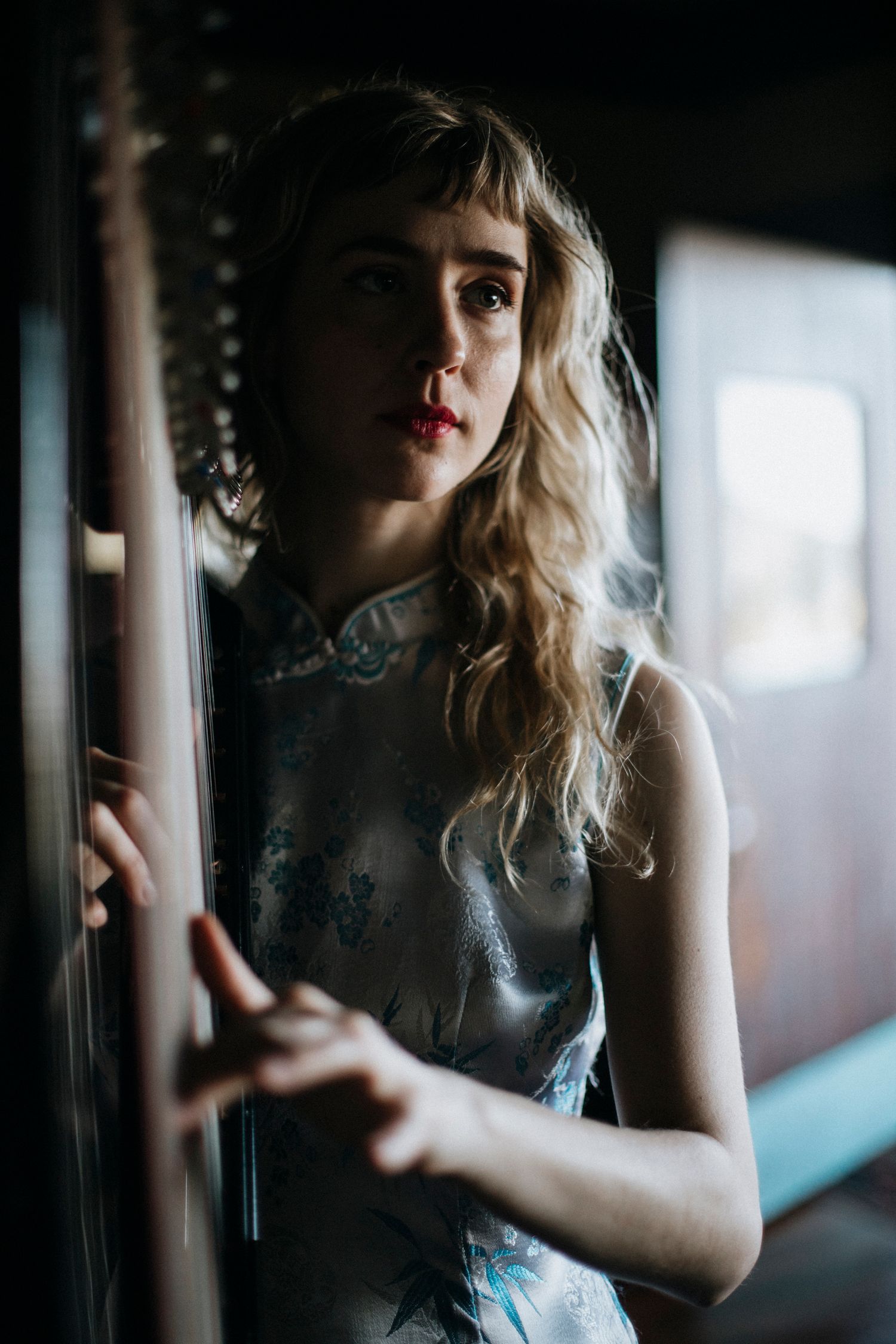 Atmospheric portrait near a window showing a person in a patterned dress with soft natural lighting.