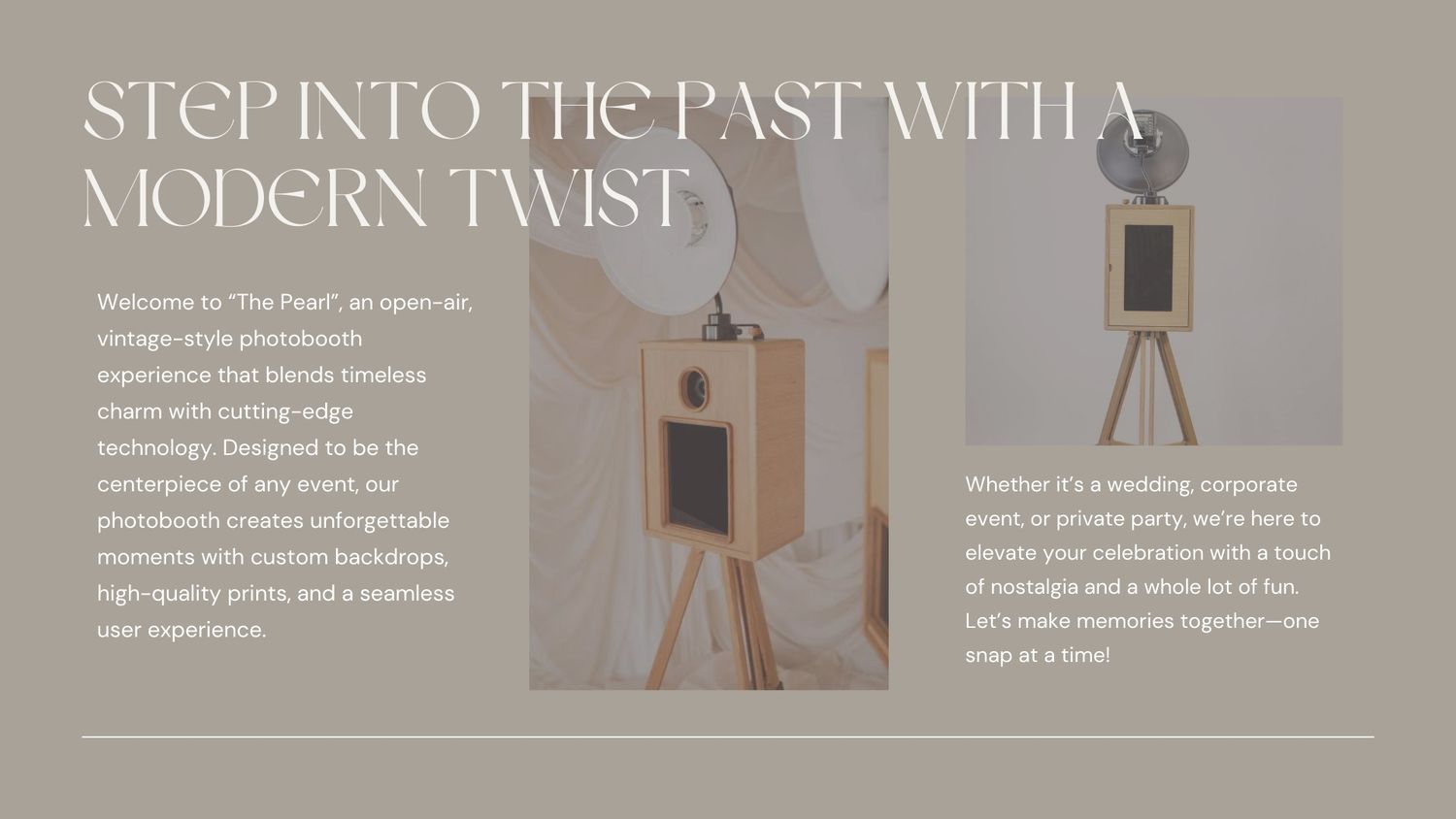 Modern vintage photo booth setup with wooden camera stands against neutral background.