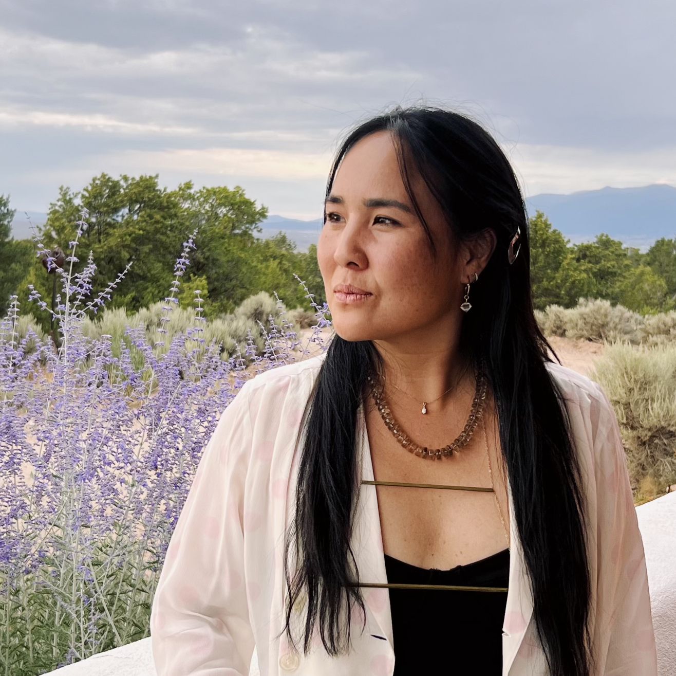 Person in pink blouse poses in field of purple wildflowers against cloudy sky.  Shot in Taos, NM