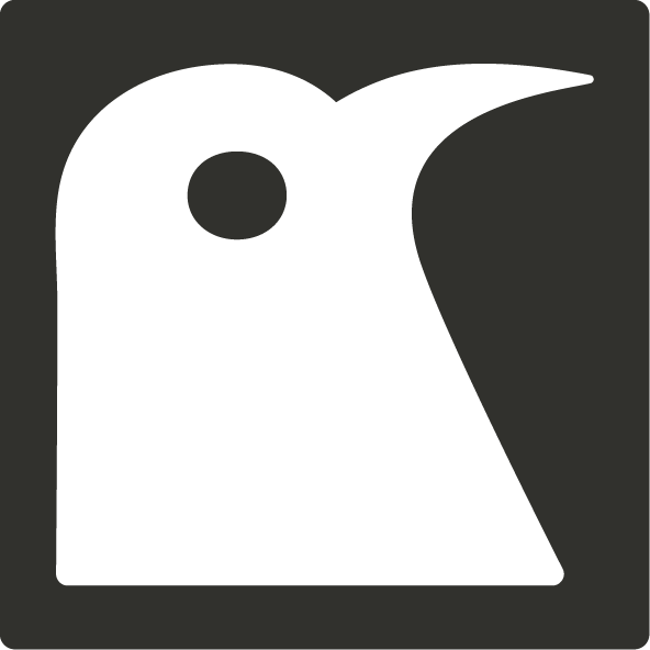 Minimalist white bird head logo on dark background, featuring a bold beak and circular eye in a modern graphic design style.