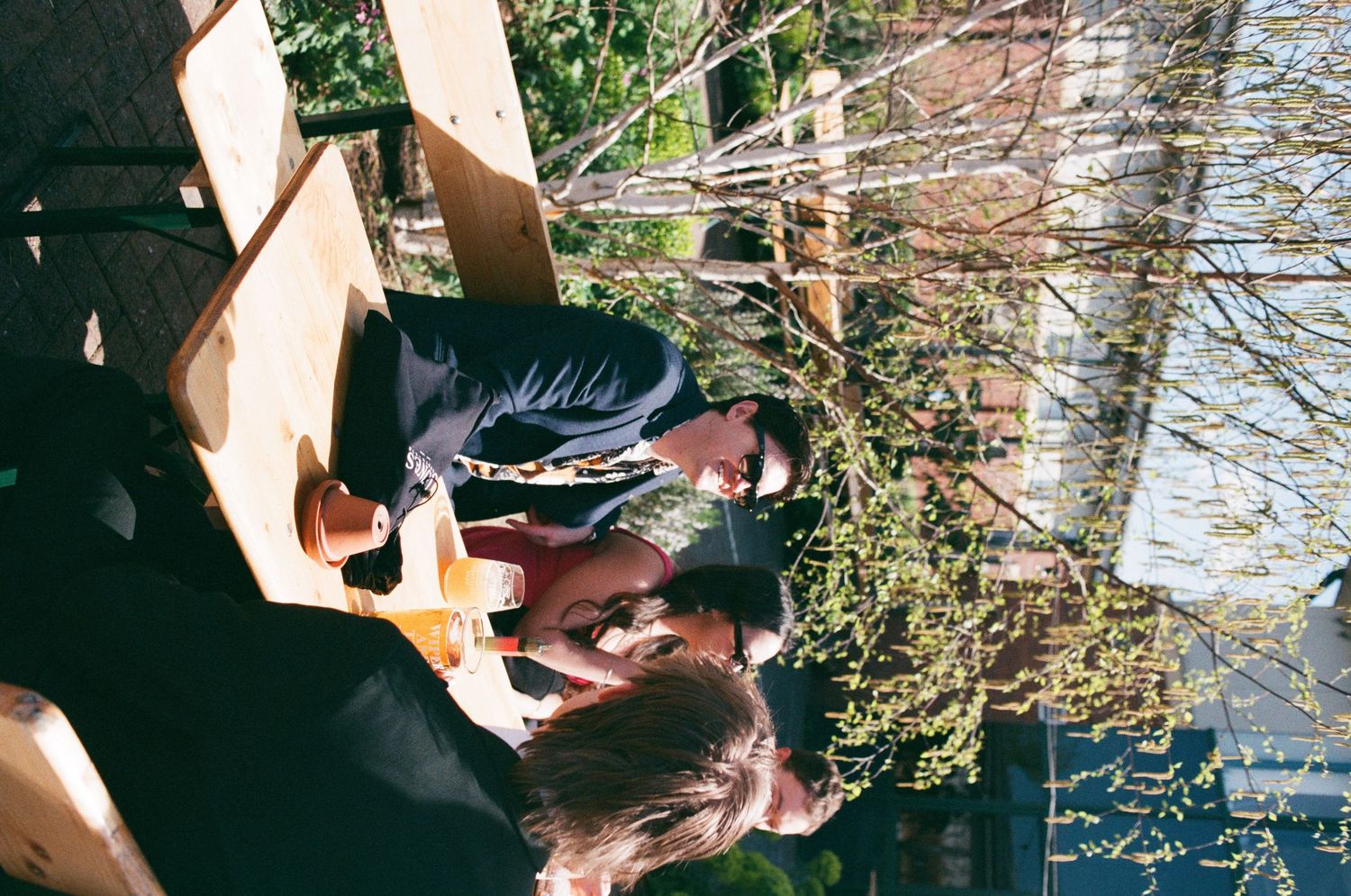 Two people sharing a drink outdoors on a sunny deck surrounded by lush green trees.