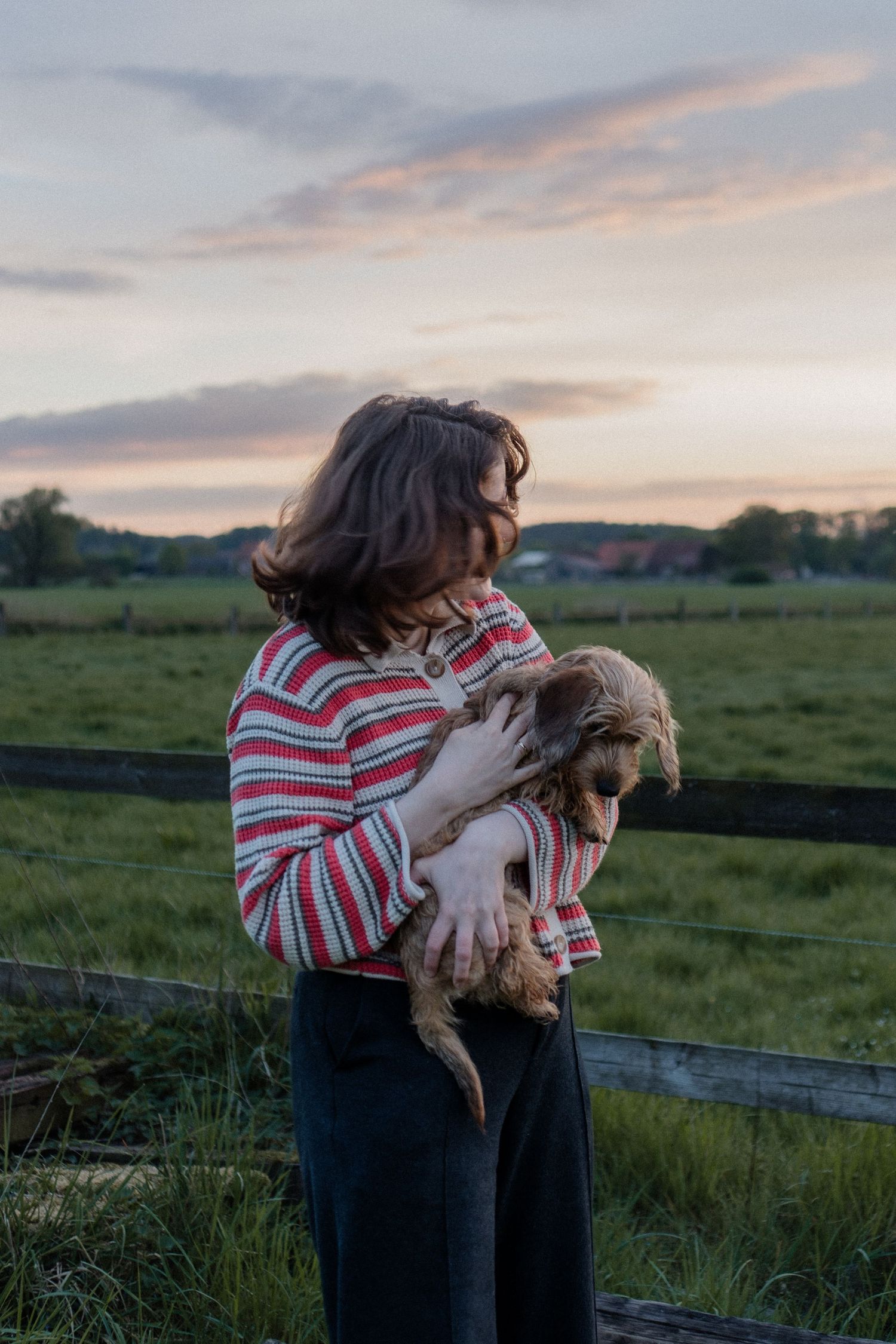 Woman in striped sweater holding a golden puppy at sunset near a wooden fence in a green field.
