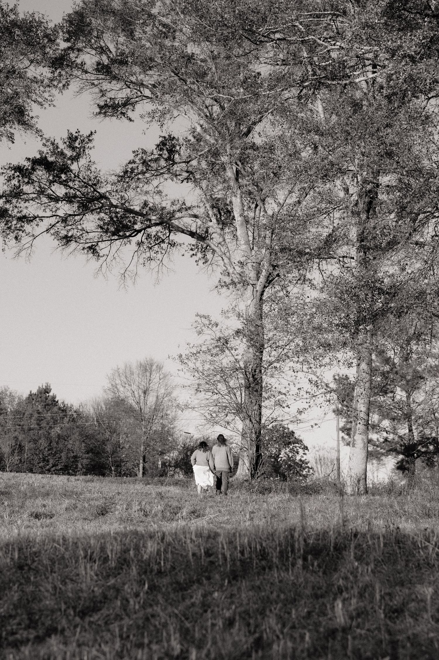 Black and white landscape photo of a couple walking through a field with tall trees.