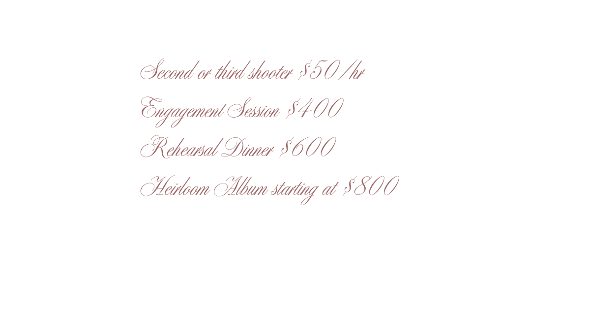 Wedding event pricing details in rose gold calligraphy.